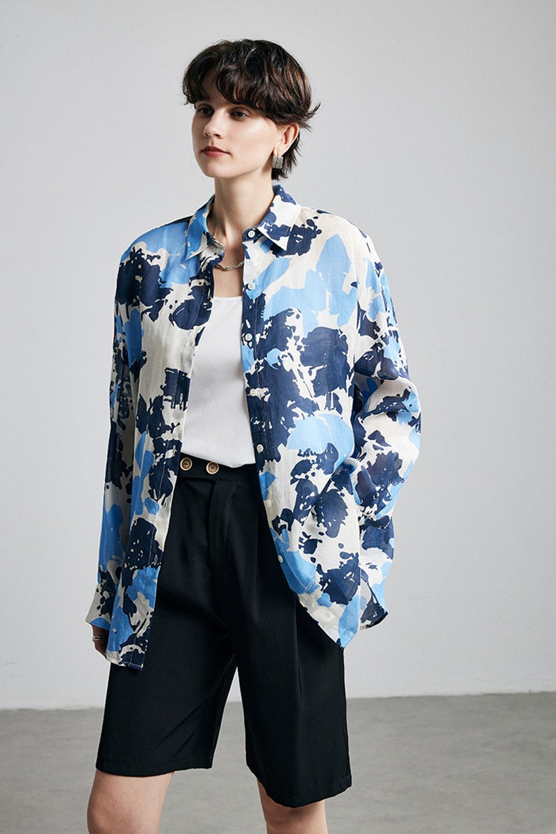 100% Ramie Blue Abstract Print Button-Down Shirt