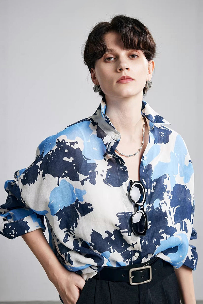 100% Ramie Blue Abstract Print Button-Down Shirt