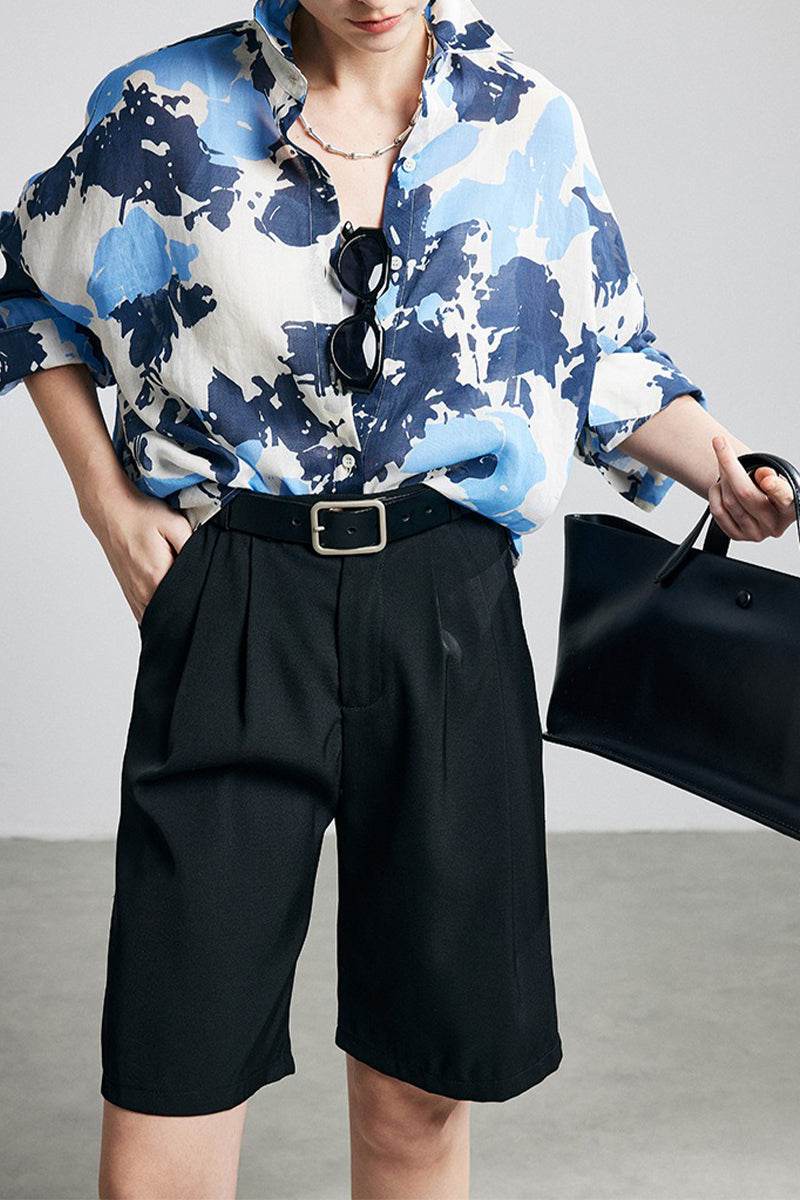 100% Ramie Blue Abstract Print Button-Down Shirt