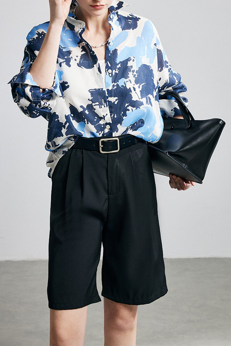 100% Ramie Blue Abstract Print Button-Down Shirt