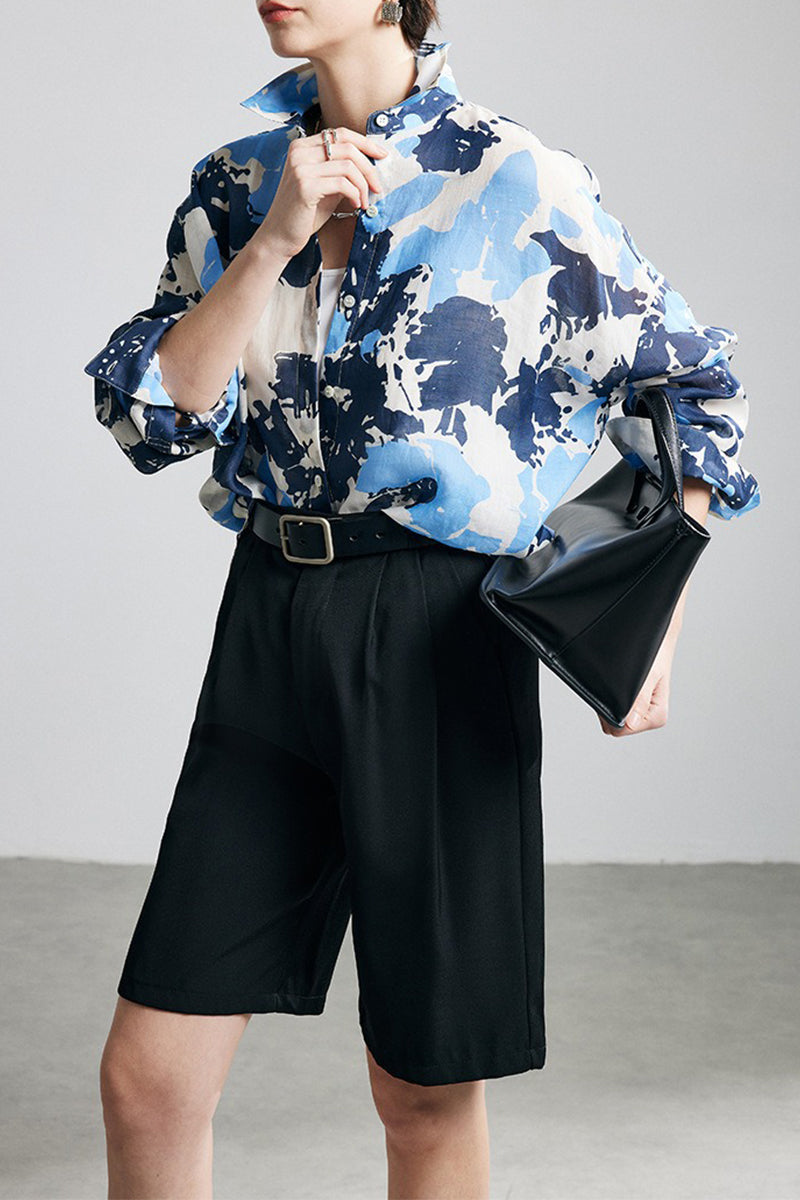 100% Ramie Blue Abstract Print Button-Down Shirt