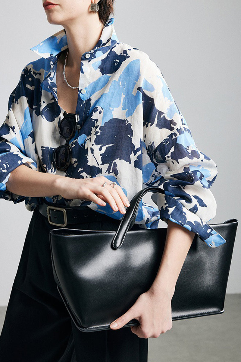 100% Ramie Blue Abstract Print Button-Down Shirt