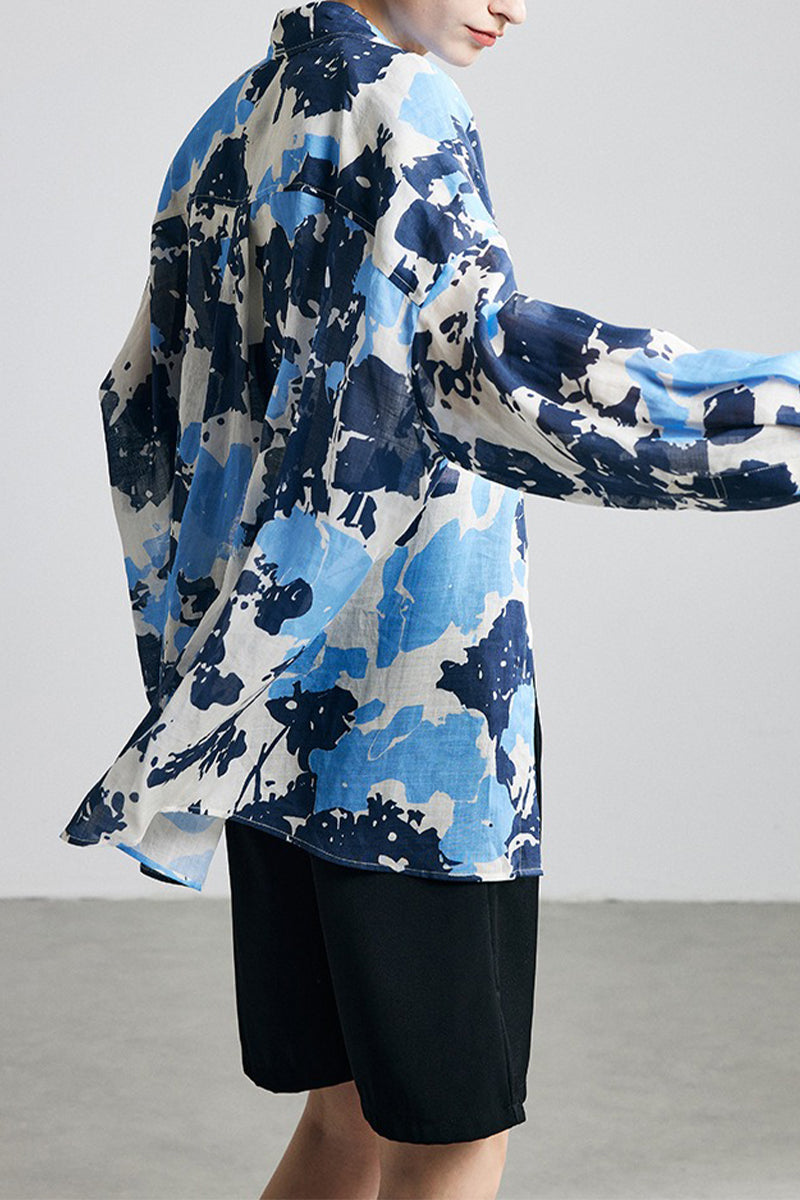 100% Ramie Blue Abstract Print Button-Down Shirt
