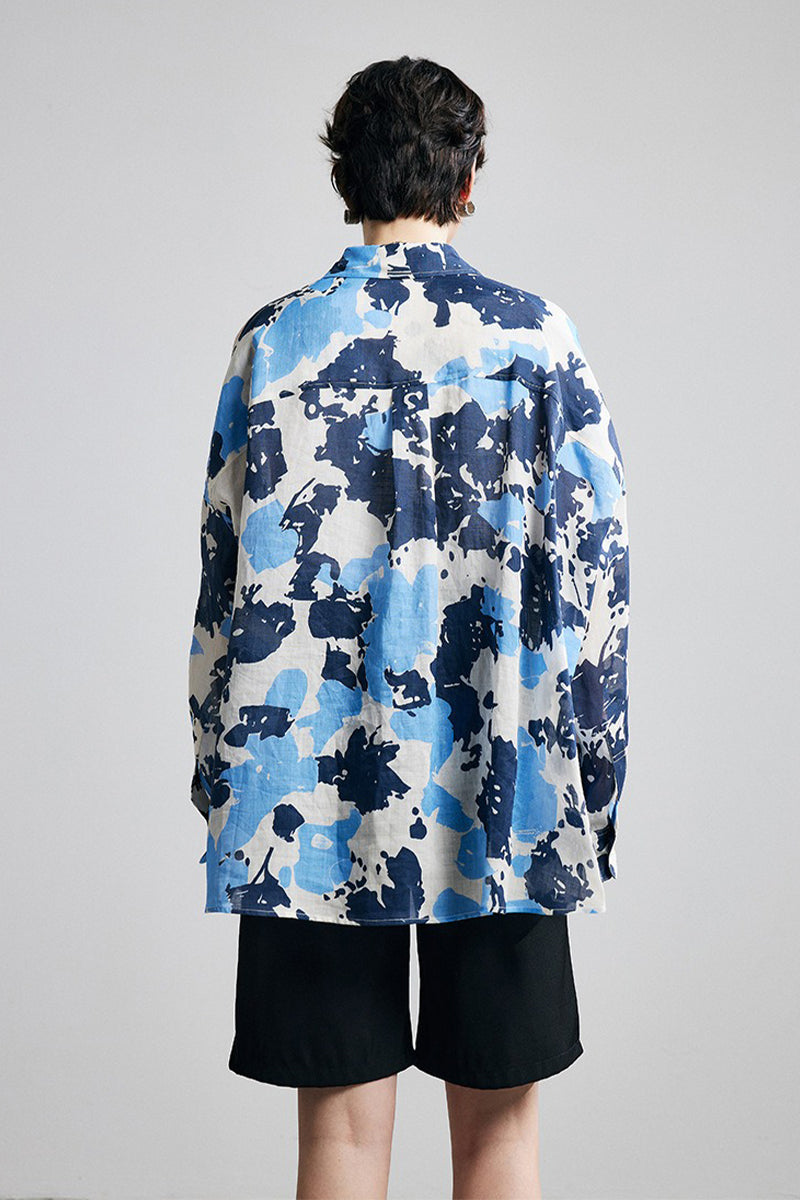 100% Ramie Blue Abstract Print Button-Down Shirt