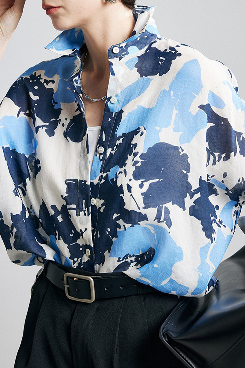 100% Ramie Blue Abstract Print Button-Down Shirt