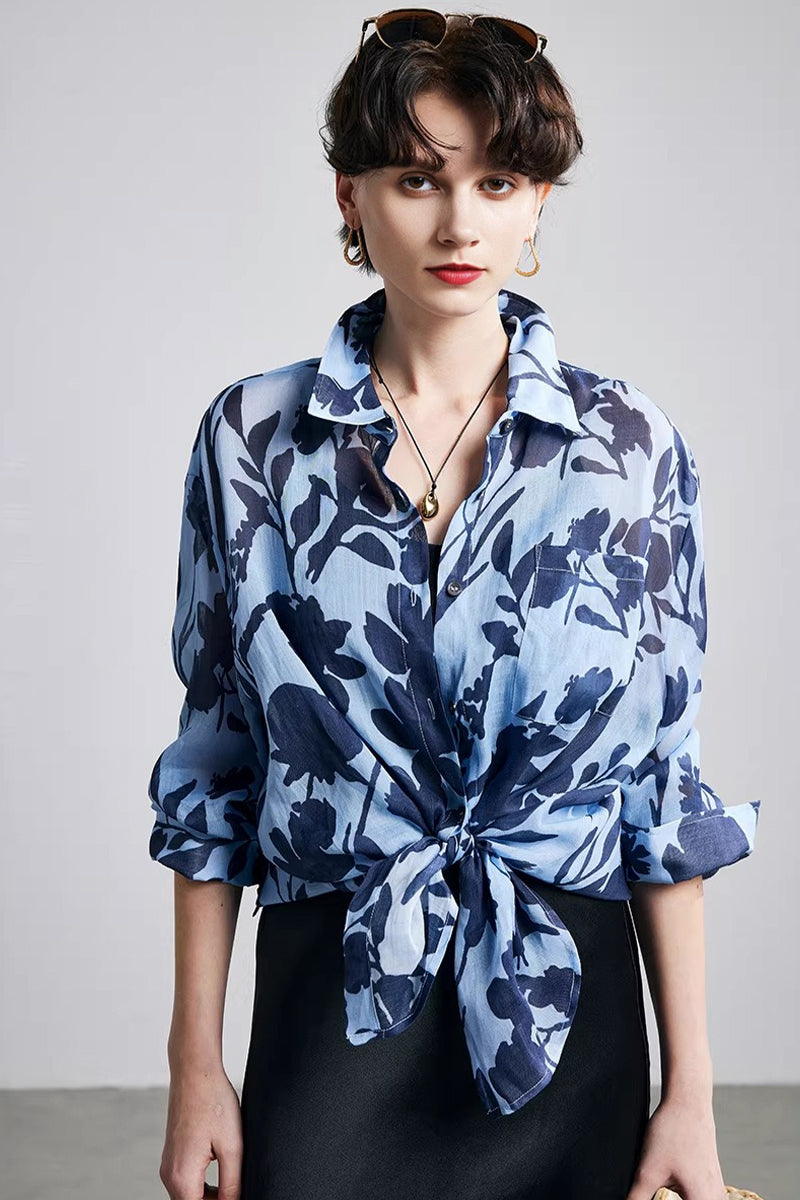 100% Ramie Blue Floral Button-Down Shirt