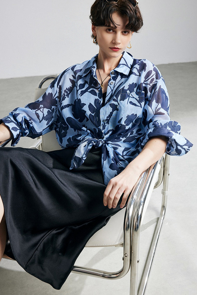 100% Ramie Blue Floral Button-Down Shirt