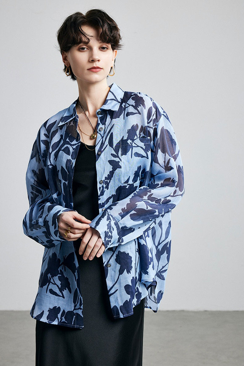 100% Ramie Blue Floral Button-Down Shirt
