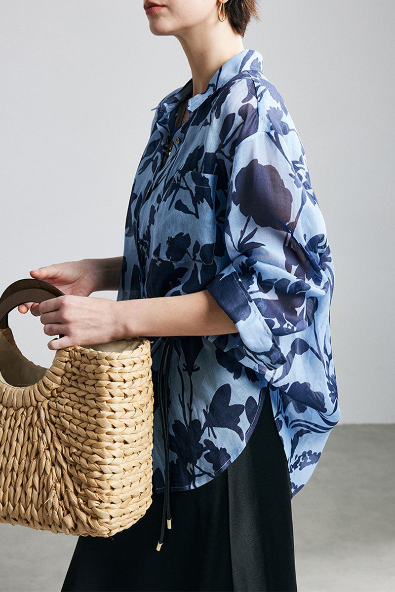 100% Ramie Blue Floral Button-Down Shirt