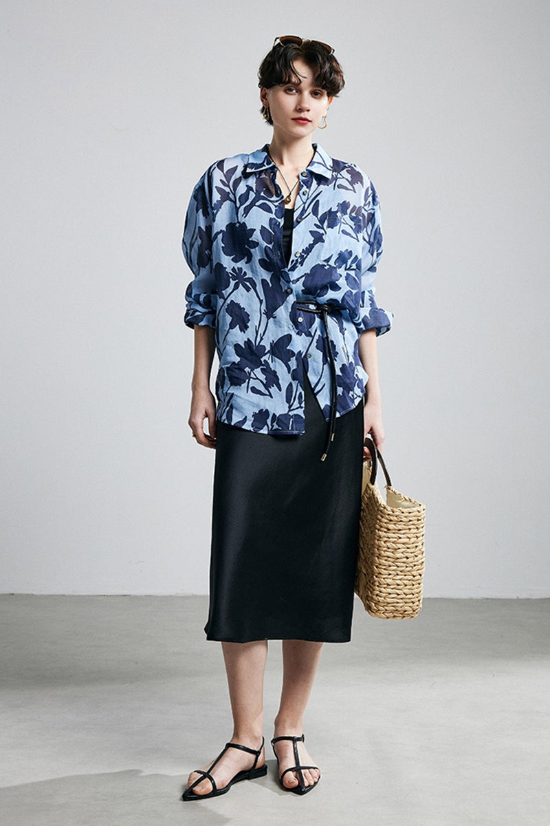 100% Ramie Blue Floral Button-Down Shirt