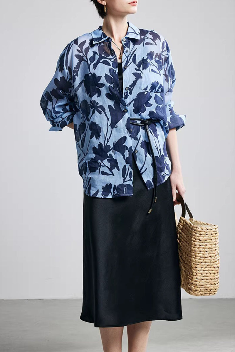 100% Ramie Blue Floral Button-Down Shirt
