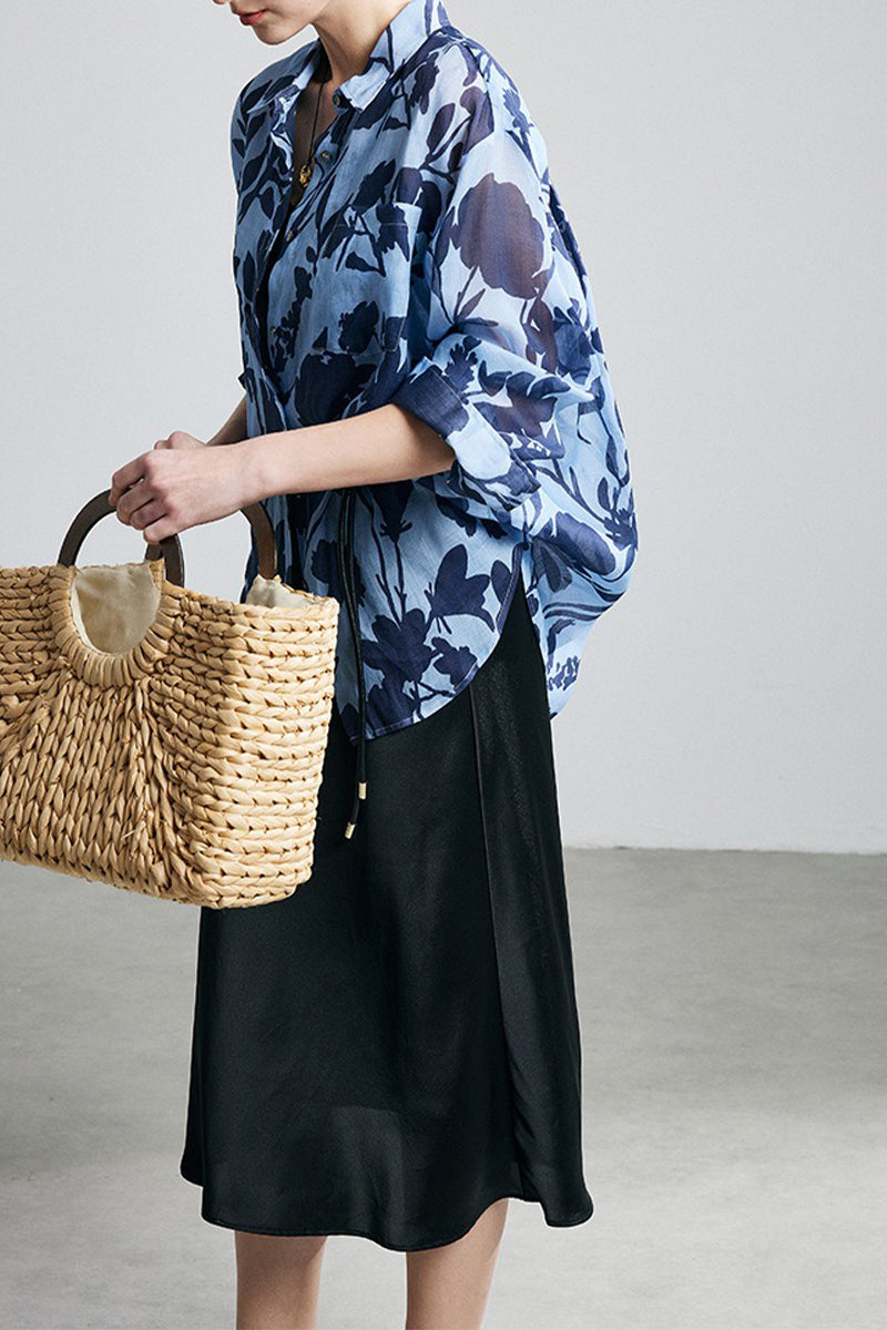 100% Ramie Blue Floral Button-Down Shirt
