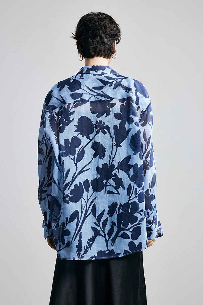 100% Ramie Blue Floral Button-Down Shirt
