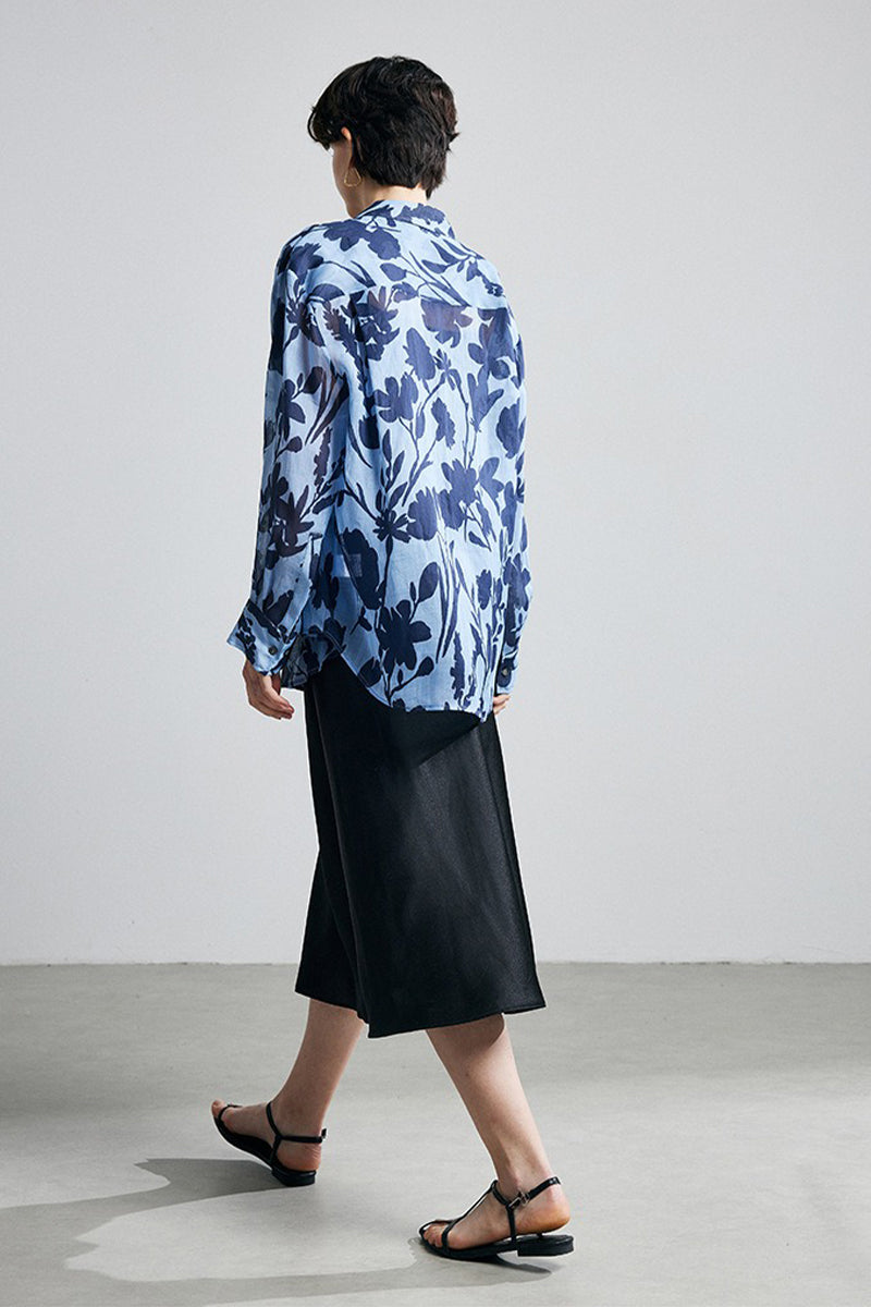 100% Ramie Blue Floral Button-Down Shirt