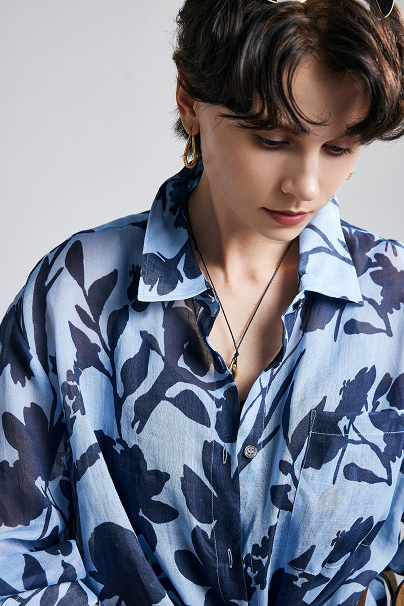 100% Ramie Blue Floral Button-Down Shirt
