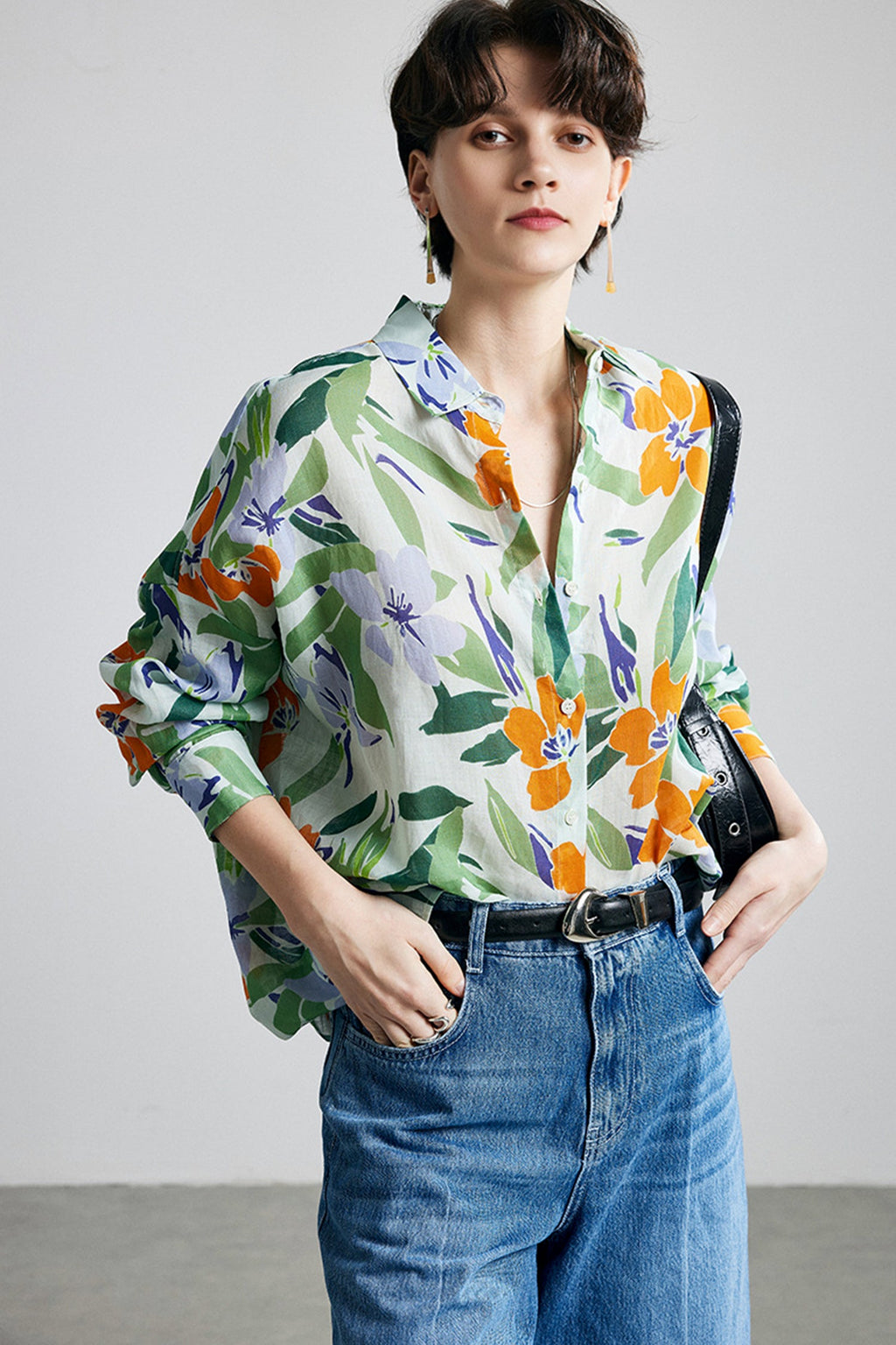 100% Ramie Bold Botanical Print Button-Down Shirt