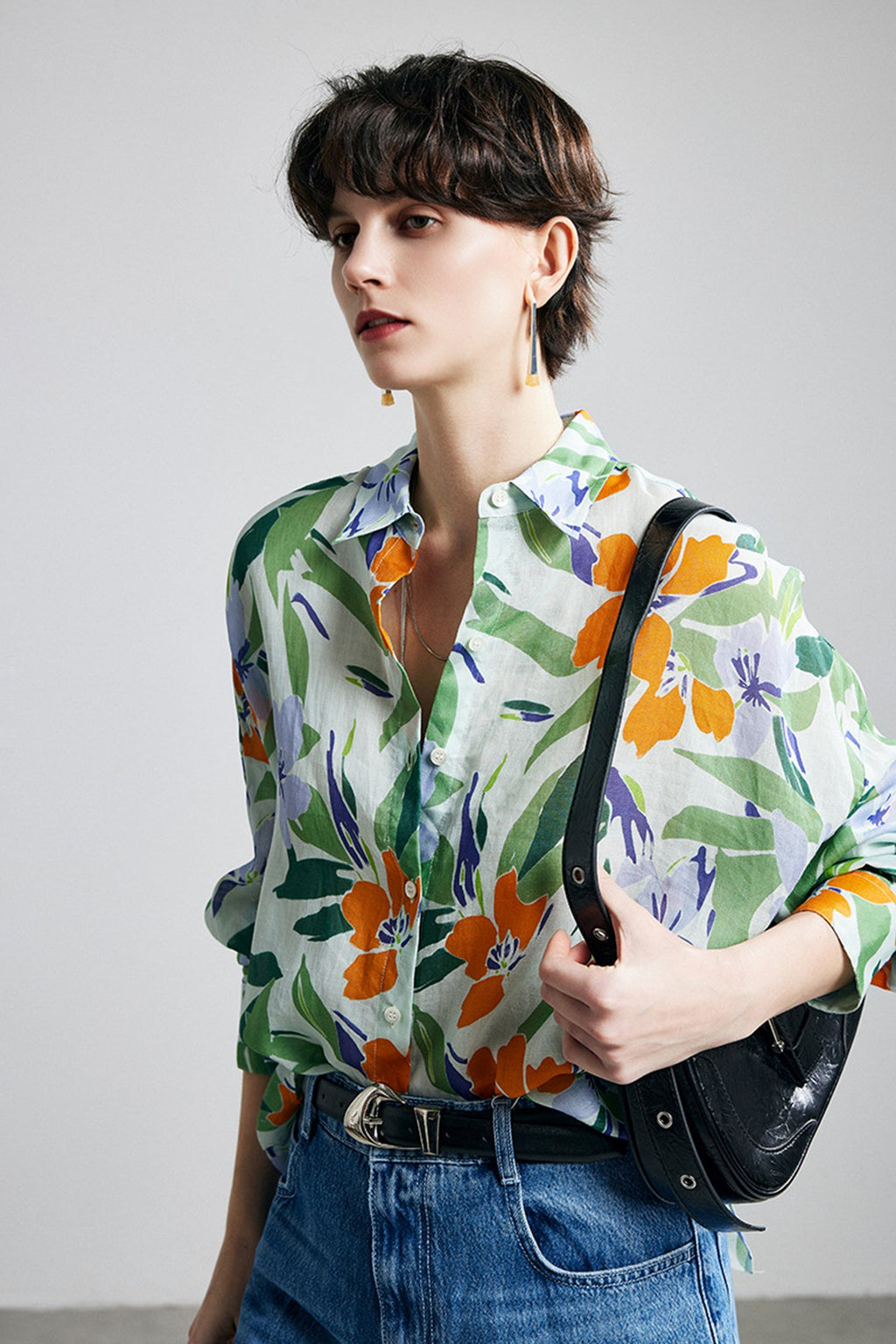 100% Ramie Bold Botanical Print Button-Down Shirt