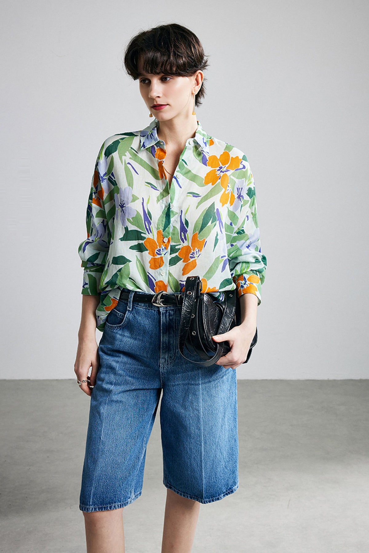 100% Ramie Bold Botanical Print Button-Down Shirt