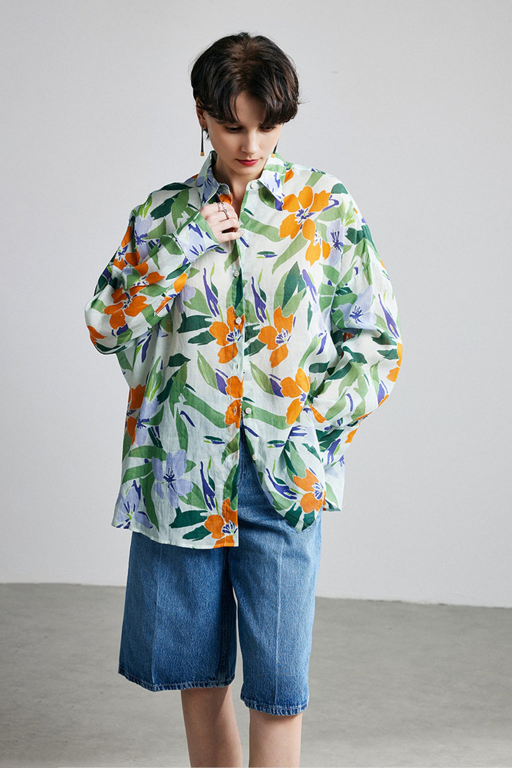 100% Ramie Bold Botanical Print Button-Down Shirt