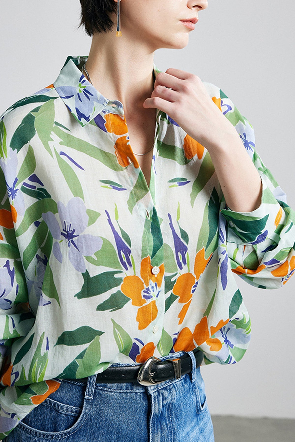 100% Ramie Bold Botanical Print Button-Down Shirt