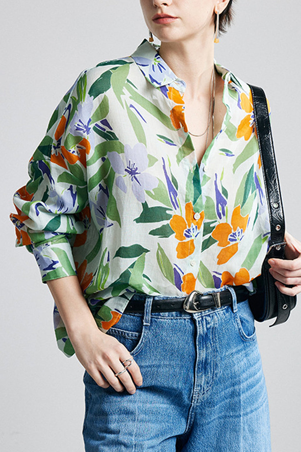 100% Ramie Bold Botanical Print Button-Down Shirt
