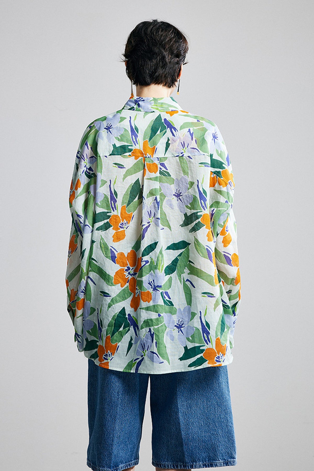 100% Ramie Bold Botanical Print Button-Down Shirt