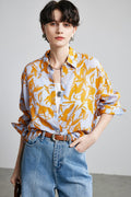 100% Ramie Botanical Print Button-Down Shirt
