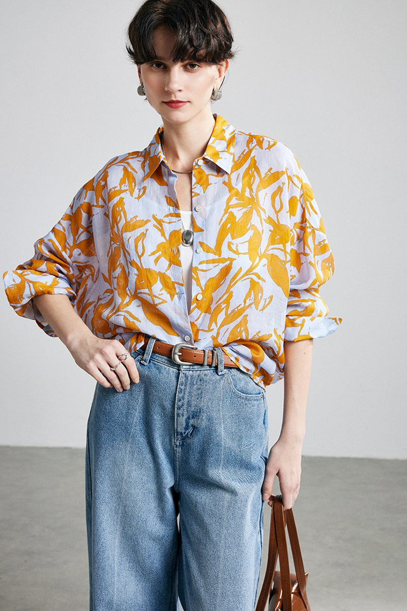 100% Ramie Botanical Print Button-Down Shirt