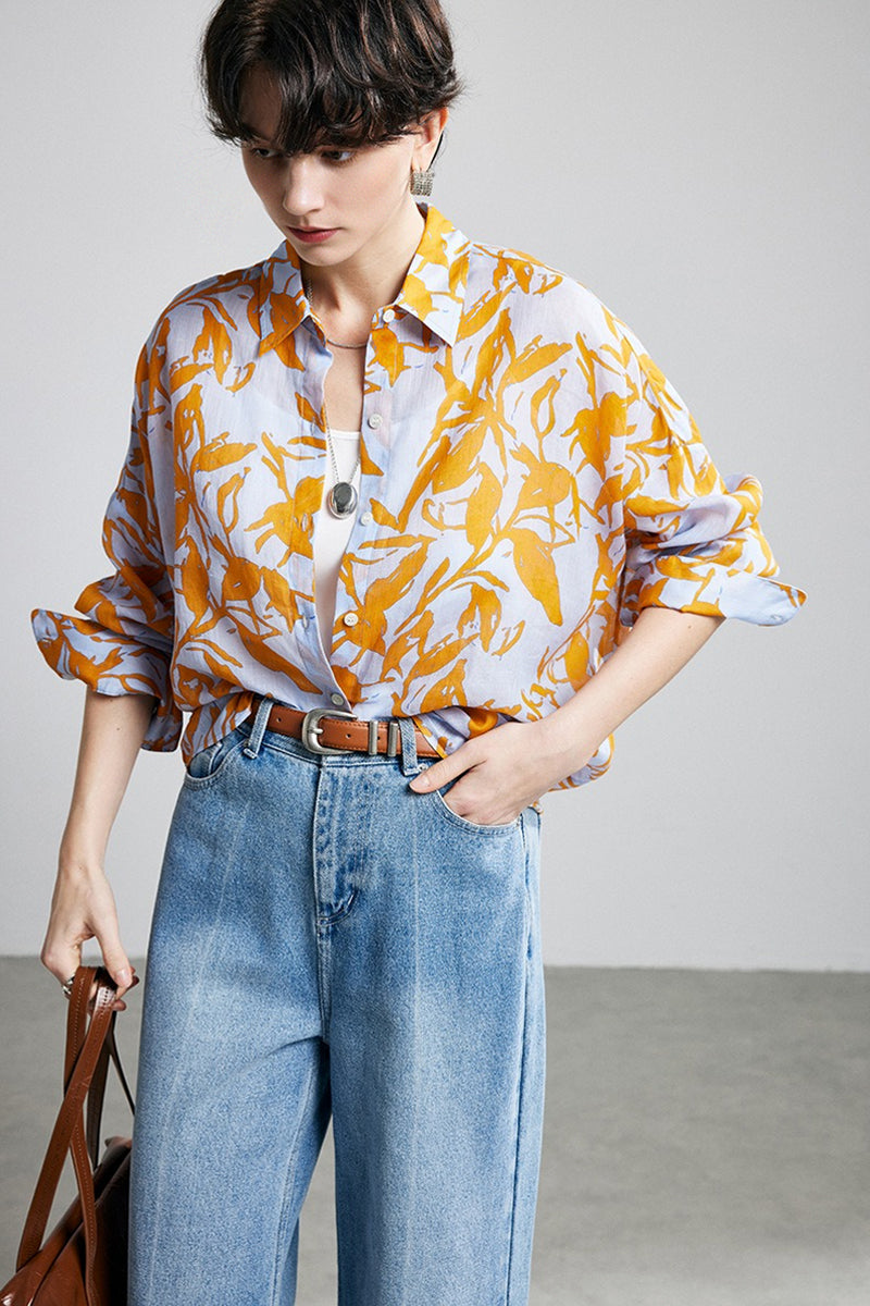 100% Ramie Botanical Print Button-Down Shirt