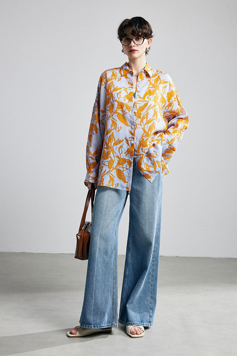 100% Ramie Botanical Print Button-Down Shirt