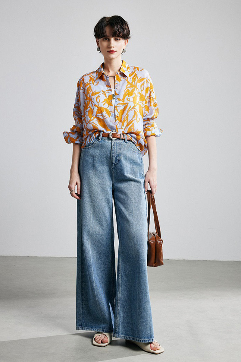 100% Ramie Botanical Print Button-Down Shirt