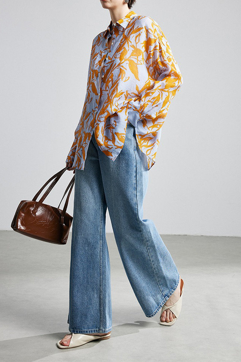 100% Ramie Botanical Print Button-Down Shirt