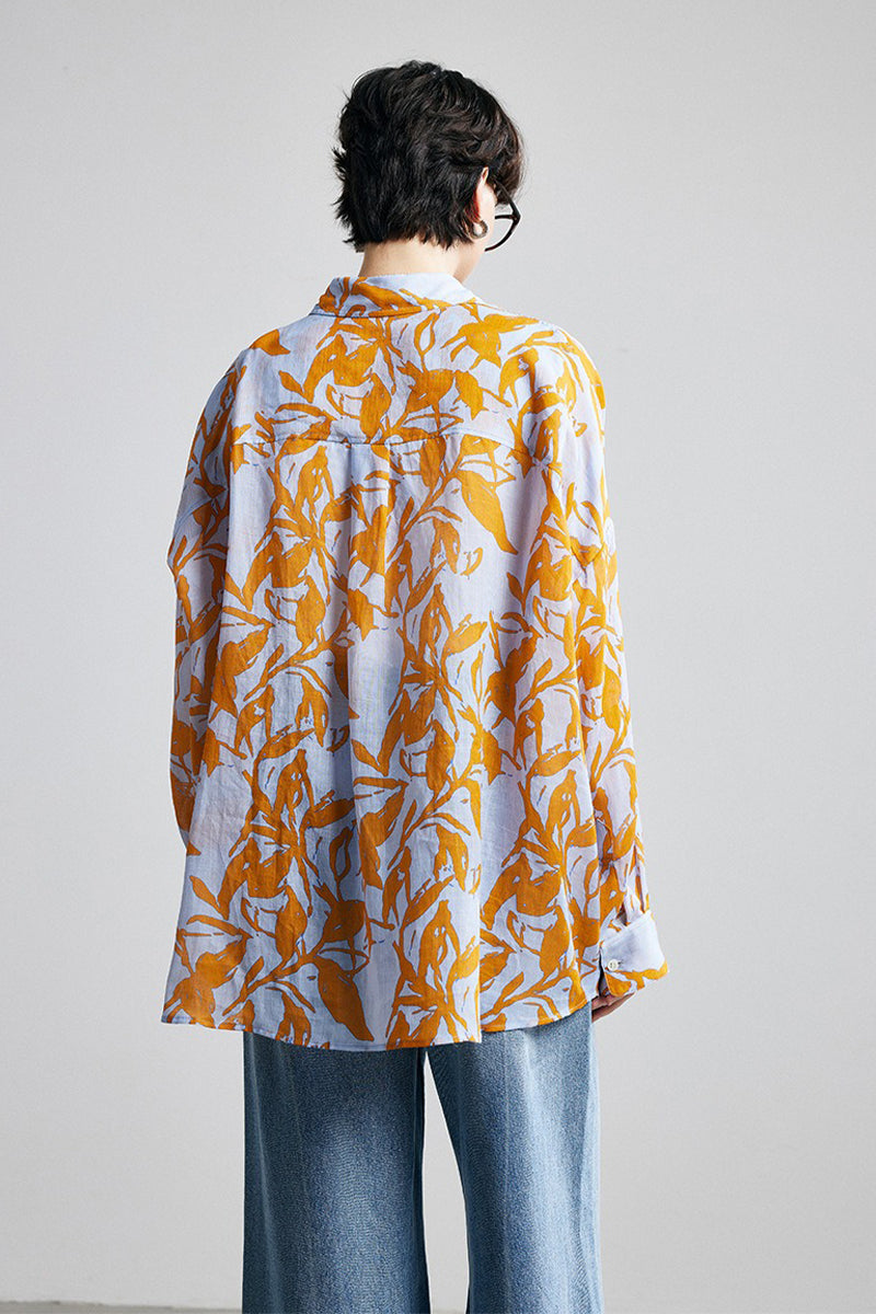 100% Ramie Botanical Print Button-Down Shirt