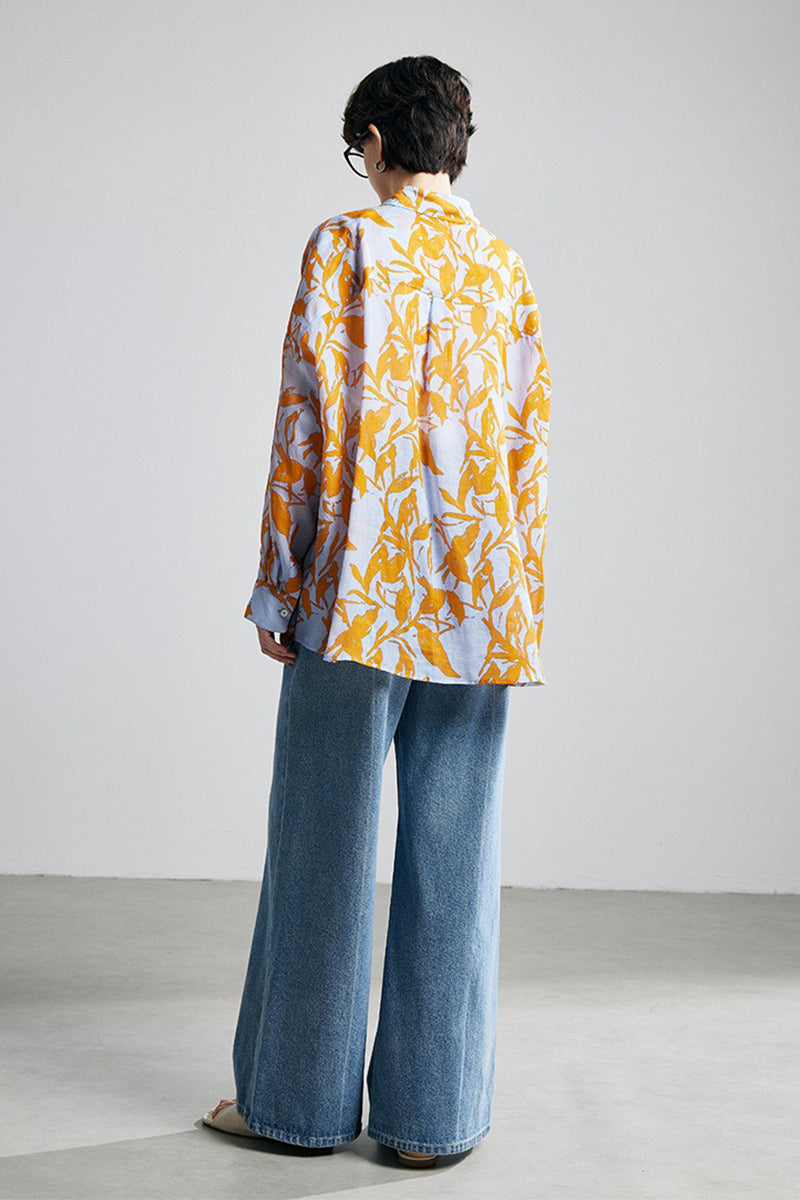 100% Ramie Botanical Print Button-Down Shirt