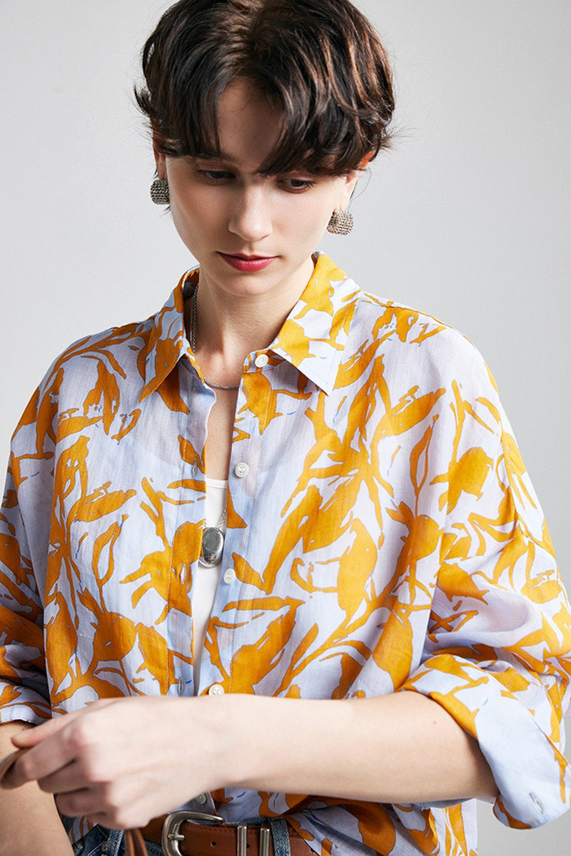 100% Ramie Botanical Print Button-Down Shirt