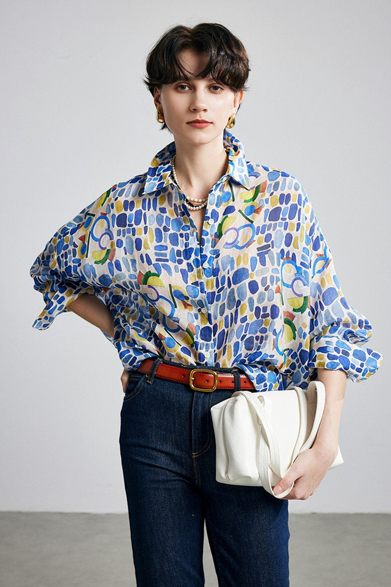 100% Ramie Colorful Print Button-Down Shirt