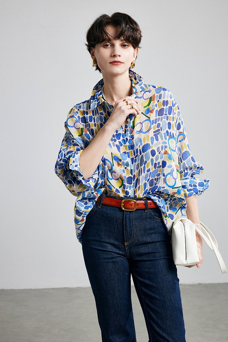 100% Ramie Colorful Print Button-Down Shirt