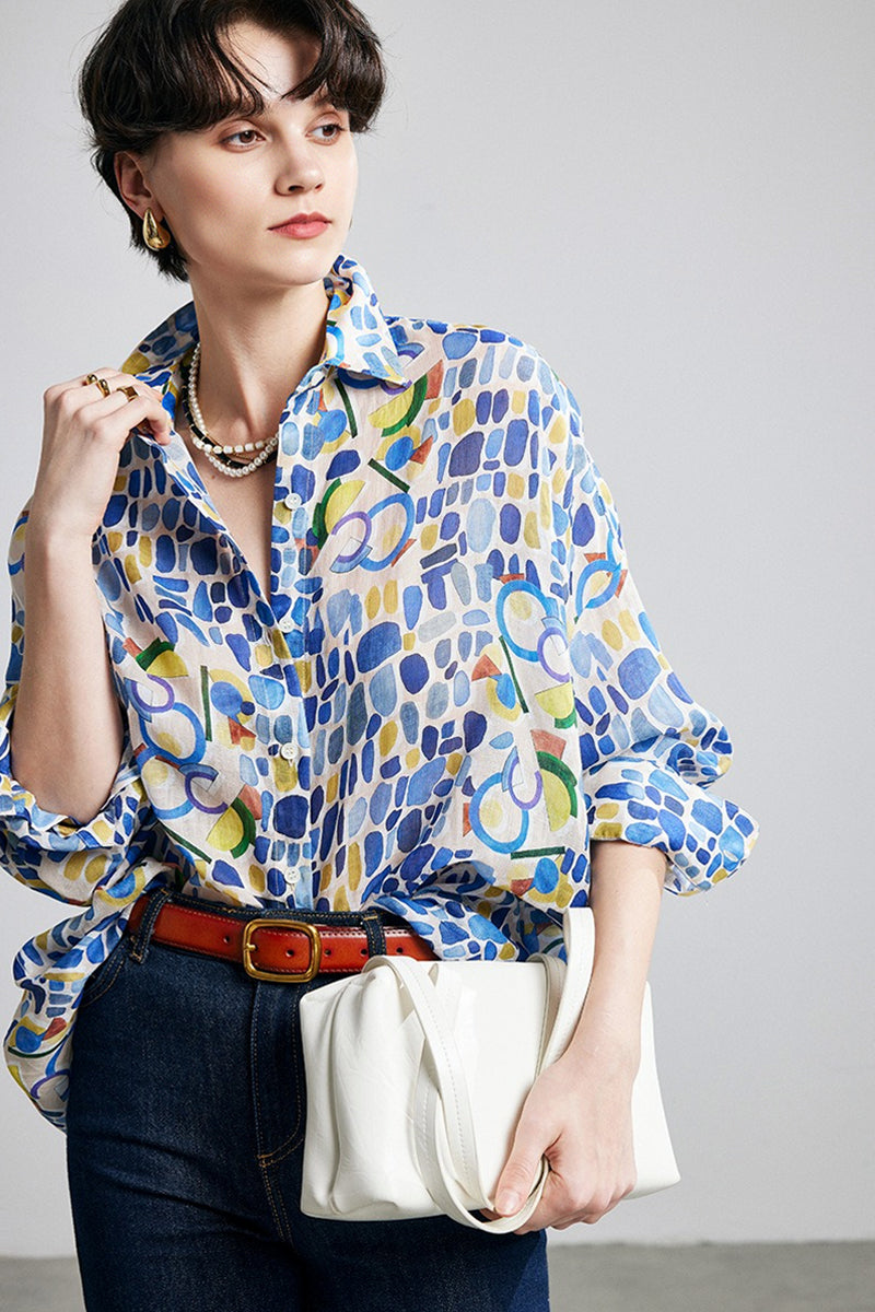 100% Ramie Colorful Print Button-Down Shirt