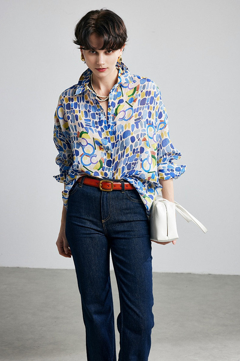 100% Ramie Colorful Print Button-Down Shirt