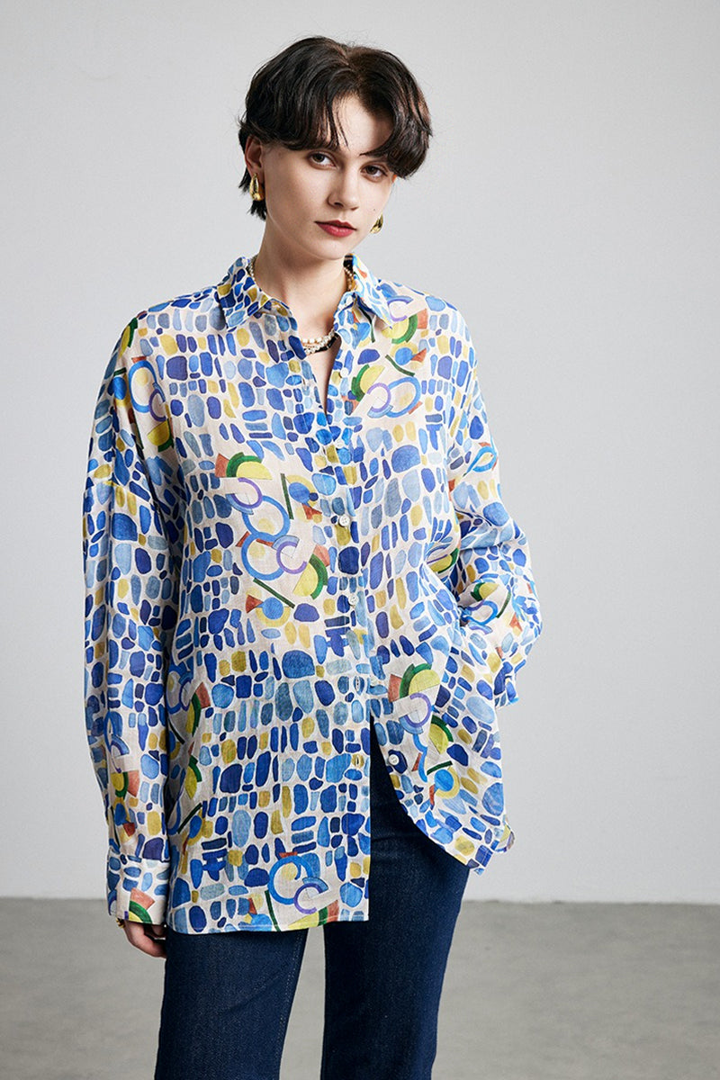 100% Ramie Colorful Print Button-Down Shirt
