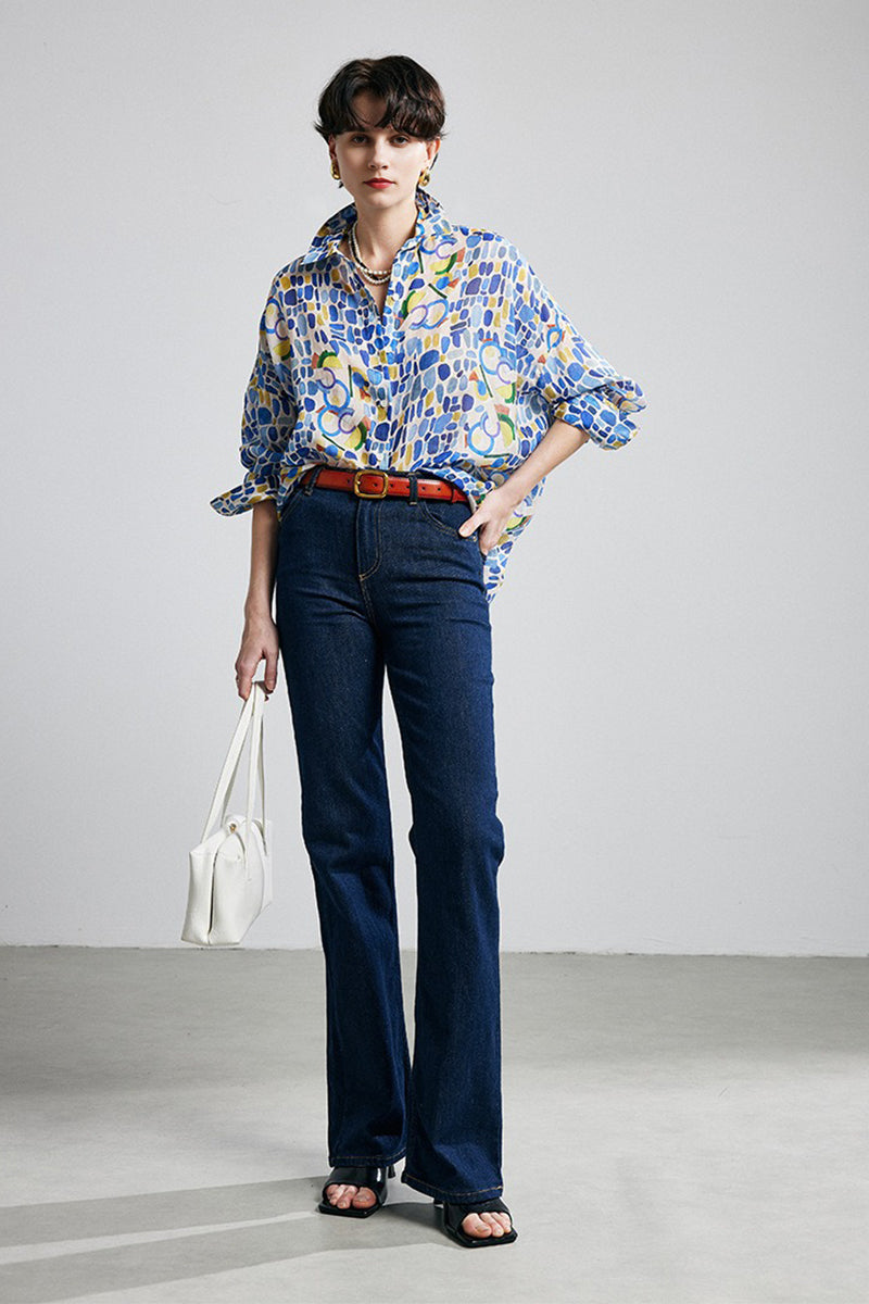 100% Ramie Colorful Print Button-Down Shirt
