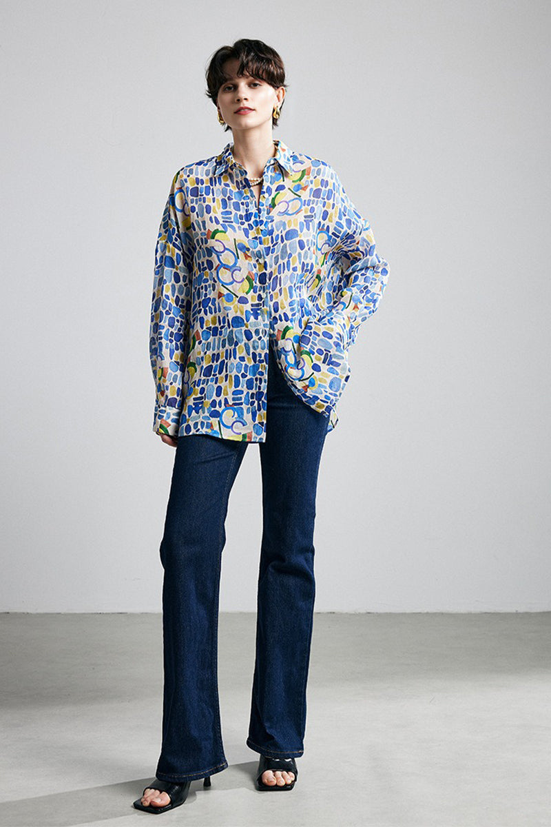100% Ramie Colorful Print Button-Down Shirt