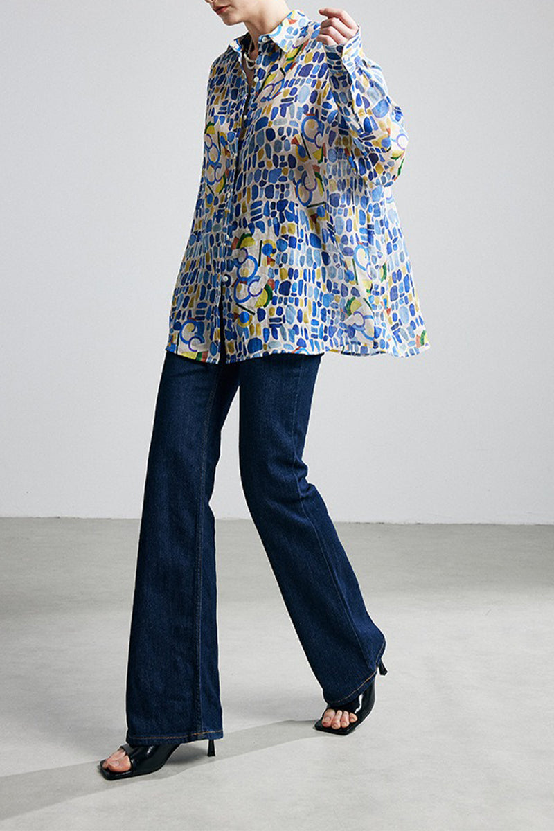 100% Ramie Colorful Print Button-Down Shirt