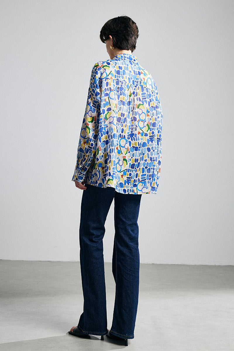 100% Ramie Colorful Print Button-Down Shirt