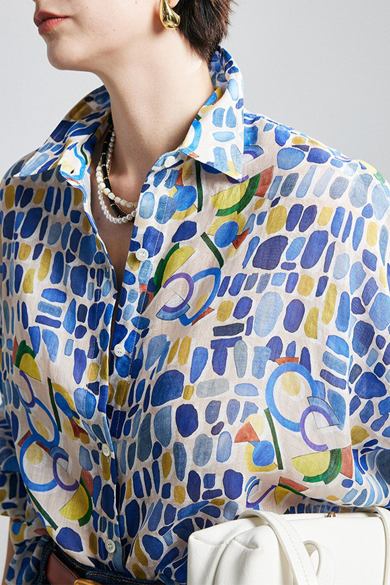 100% Ramie Colorful Print Button-Down Shirt