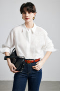 100% Ramie Floral Embroidered Button-Down Shirt in White