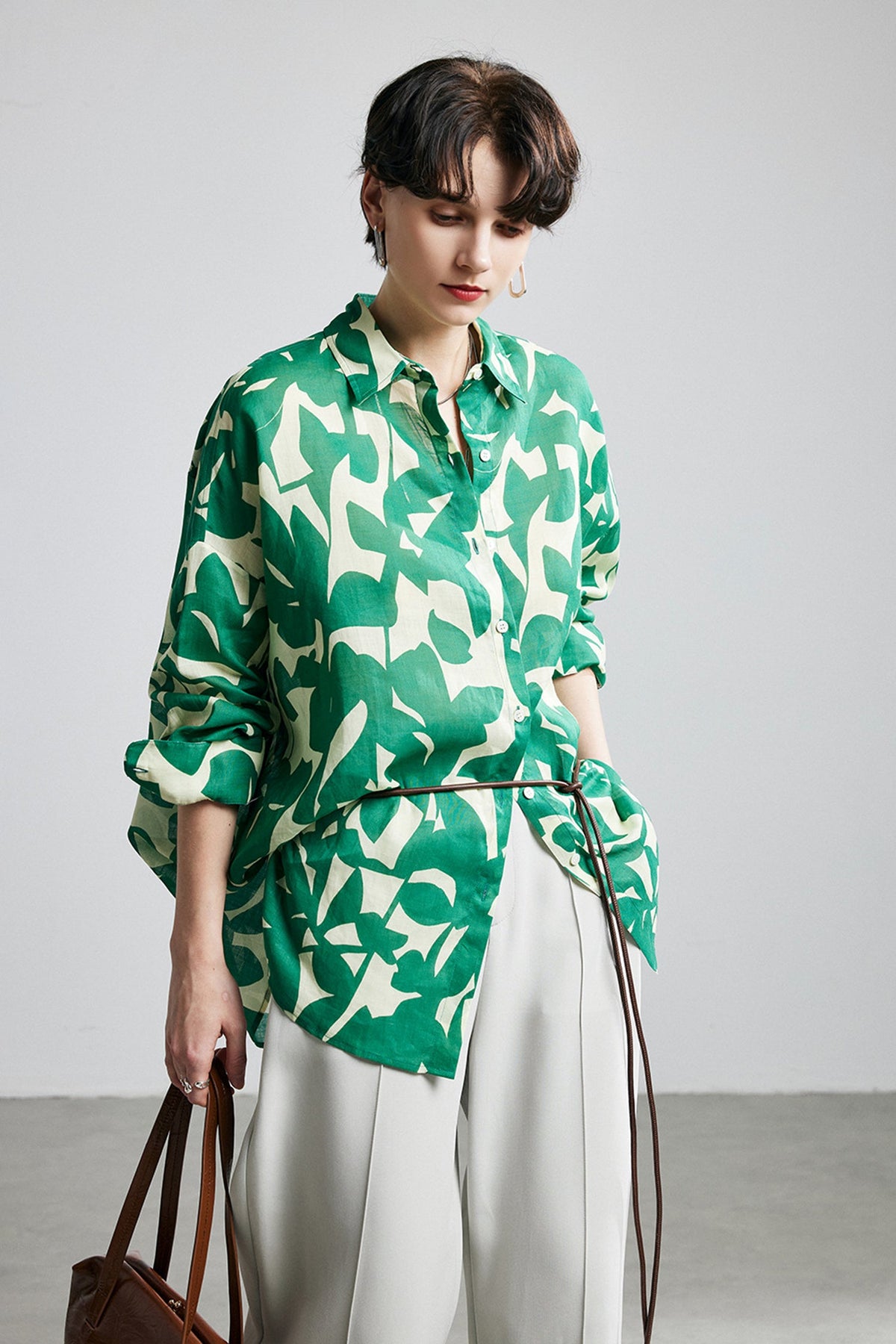100% Ramie Graphic Leaf Print Button-Up Shirt