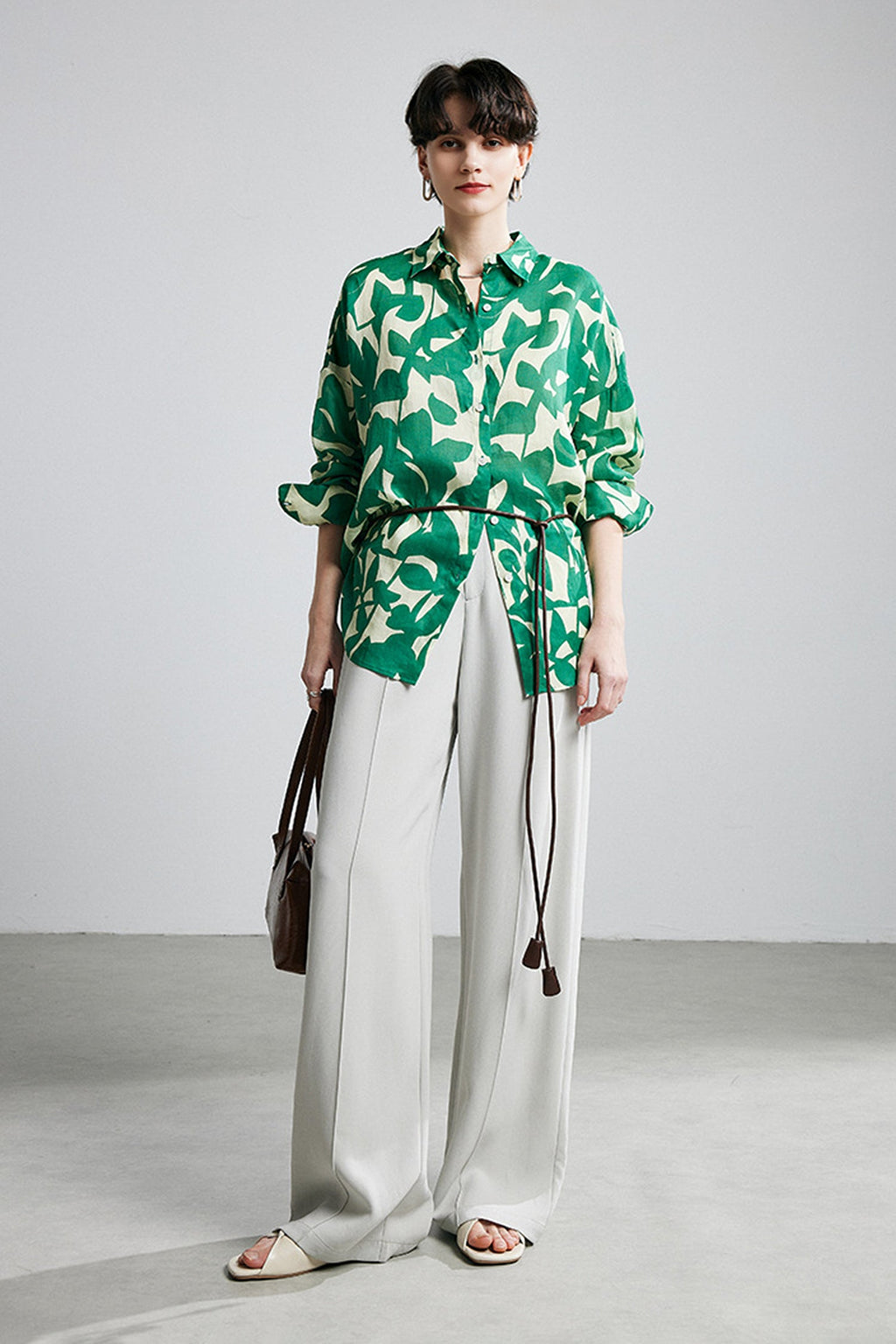 100% Ramie Graphic Leaf Print Button-Up Shirt