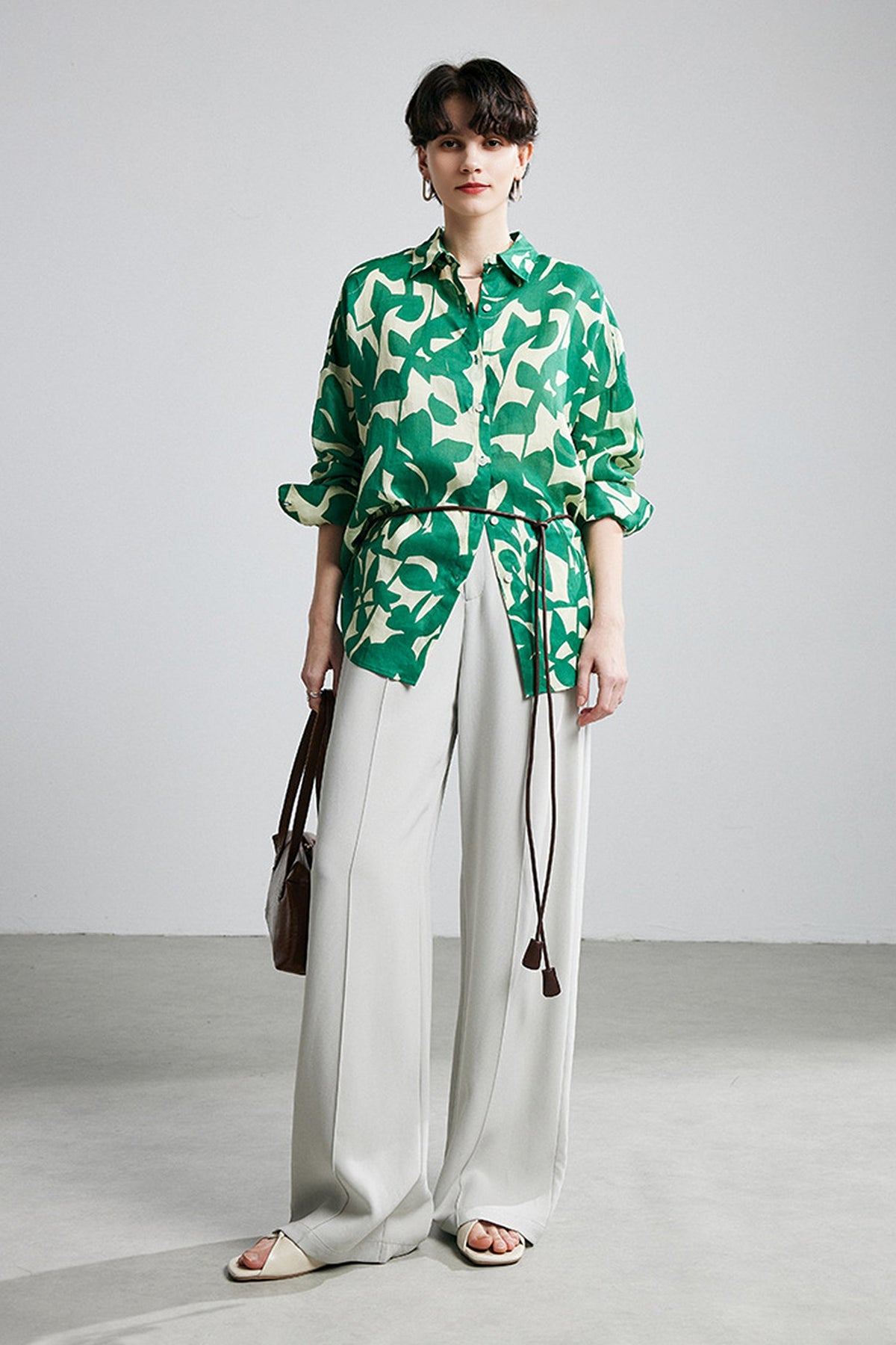 100% Ramie Graphic Leaf Print Button-Up Shirt