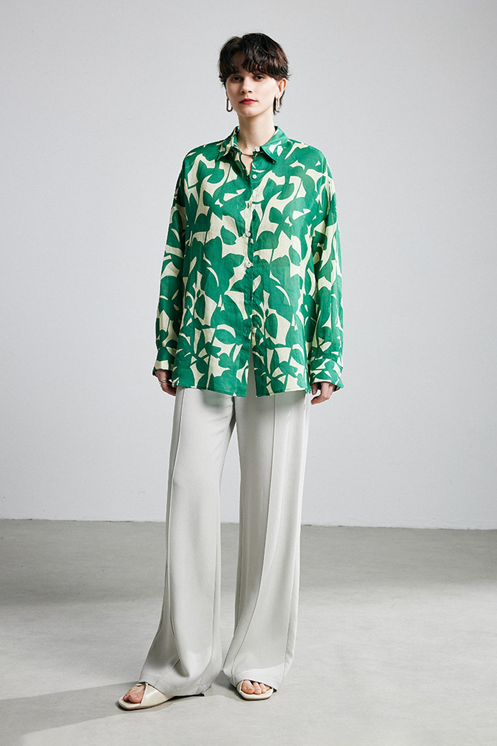 100% Ramie Graphic Leaf Print Button-Up Shirt